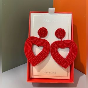 Pink Lily Red Hand-Beaded Heart Drop Earrings